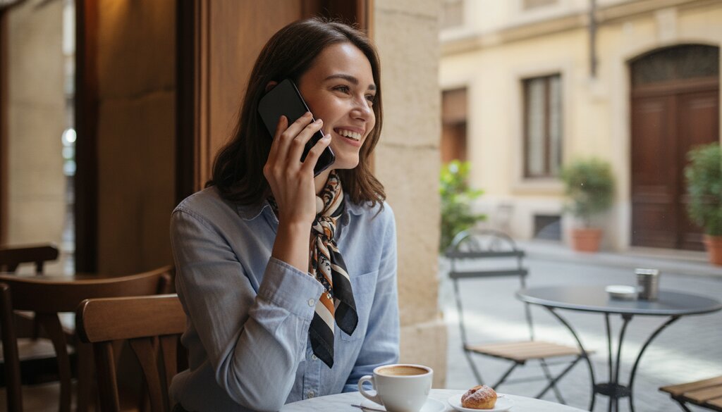 Vrouw in een café gebruikt een spraakassistent op haar smartphone
