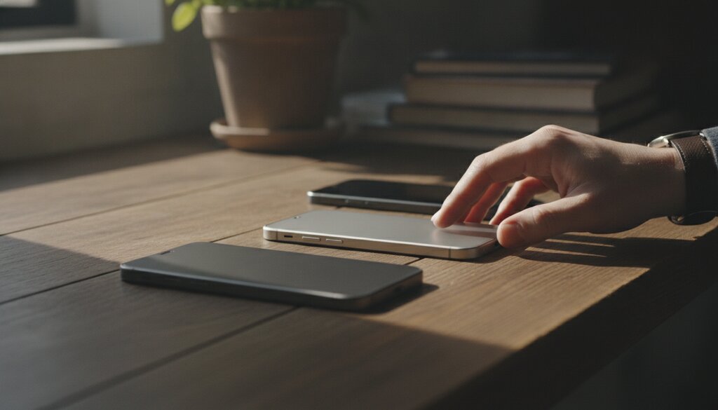Meerdere smartphones op een houten bureau, een hand pakt er een