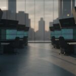 Lege handelsvloer van een beurs bij zonsopkomst met gloeiende schermen