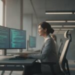 Beveiligingsanalist bekijkt code op meerdere schermen in een operations room