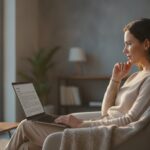 Lezer bestudeert een lang beleidsdocument op een laptop bij daglicht