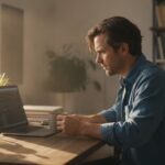 Ontwikkelaar bekijkt code op een laptop in een lichte werkkamer