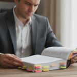 Investeerder leest een dik prospectus met gemarkeerde pagina's aan een houten bureau