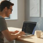 Ontwikkelaar werkt aan een laptop met code op het scherm