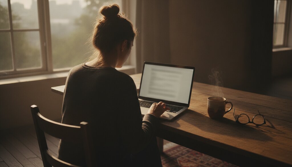 Ontwikkelaar werkt aan een laptop bij een raam met een kop koffie