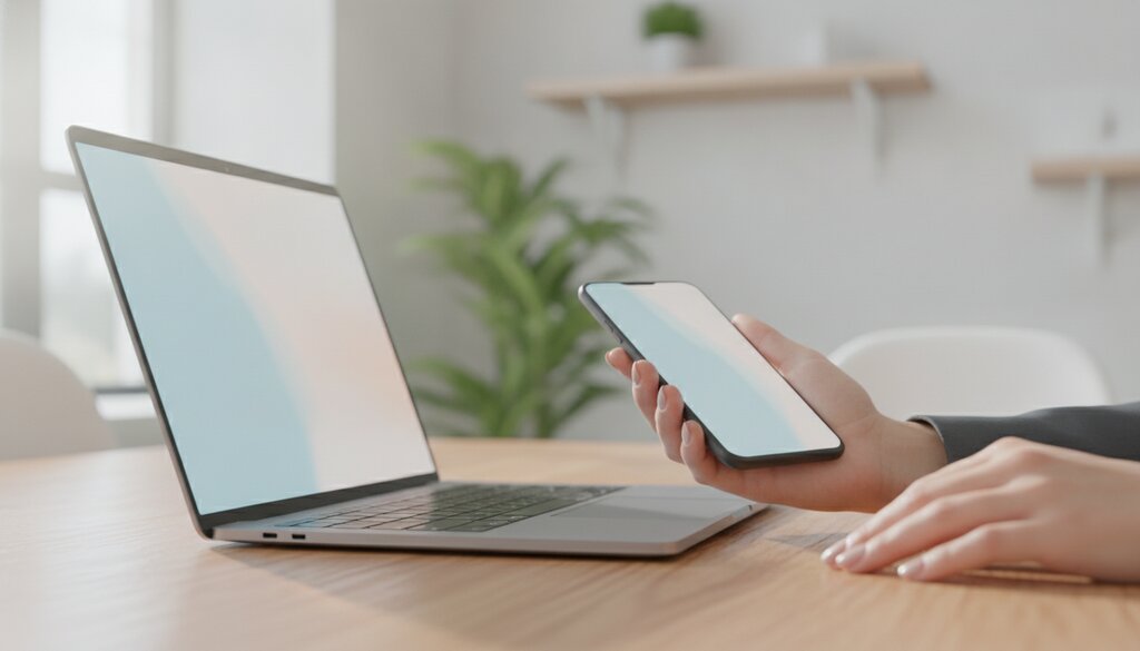 Hand met smartphone naast een laptop op een houten tafel in een licht kantoor