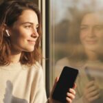 Vrouw in de trein luistert met oordopjes naar persoonlijke audio op haar smartphone