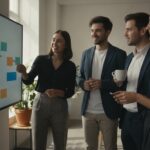 Softwareteam bespreekt een digitaal planbord op kantoor