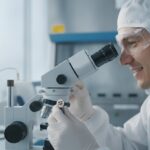 Ingenieur in een cleanroom bekijkt een minuscuul mechanisch onderdeel onder de microscoop