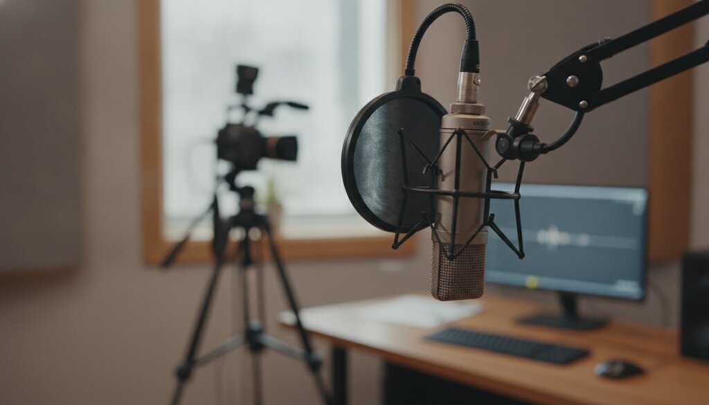 Studiomicrofoon aan een zwenkarm in een opnameruimte met camera op de achtergrond