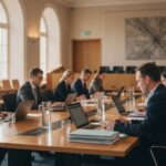 Beleidsmakers bespreken AI-veiligheidsregels aan een lange tafel in een vergaderzaal