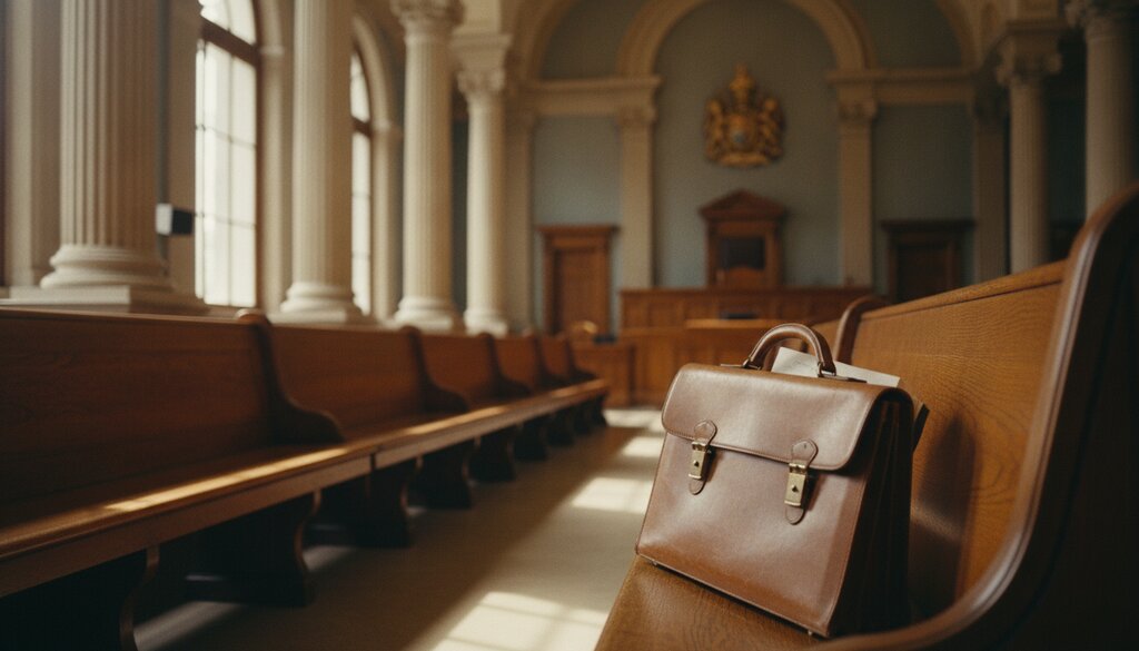 Leren aktetas op een houten bank in een lege rechtszaal