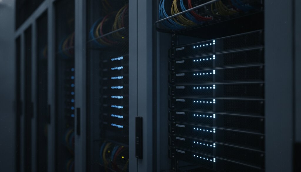 Serverruimte in een bedrijfsdatacenter met blauwe indicatielampjes