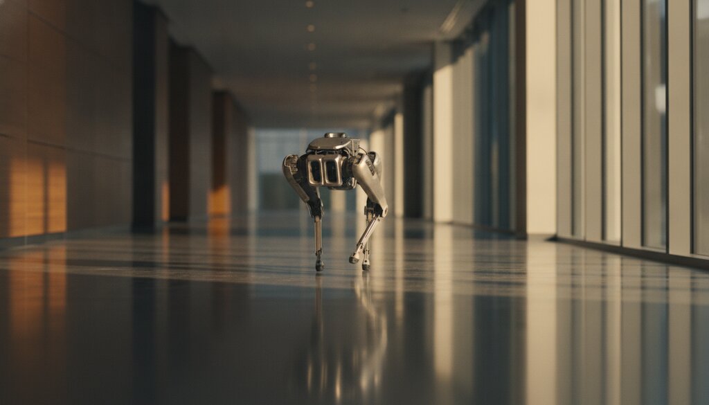 Vierpotige robot loopt door een gang met daglicht