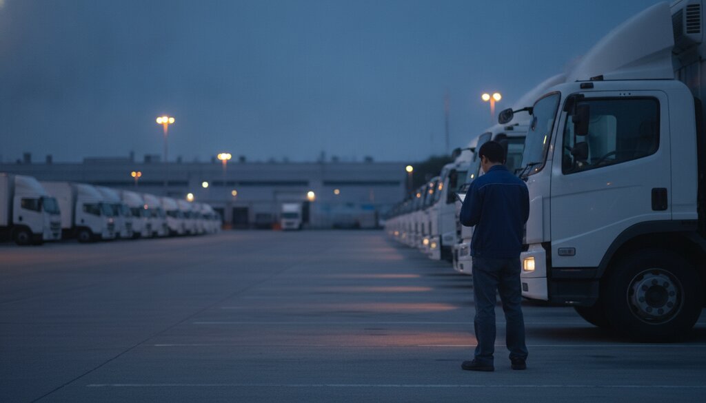 Monteur met tablet controleert een rij geparkeerde bezorgwagens op een logistiek terrein in de avond