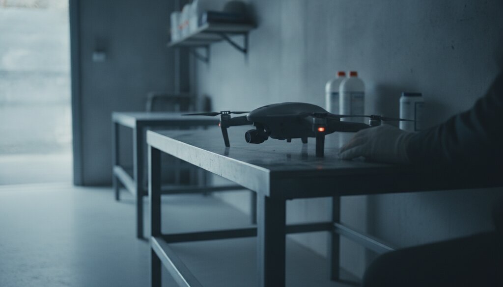 Technicus stelt een kleine verkenningsdrone af op een werkbank