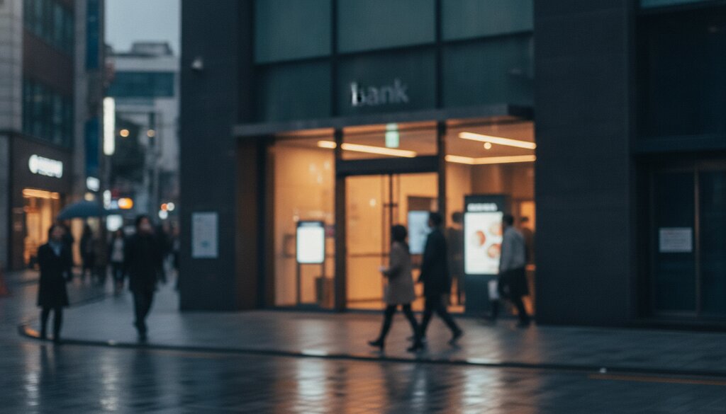Bankfiliaal in een straat in Seoul bij schemering met voorbijgangers