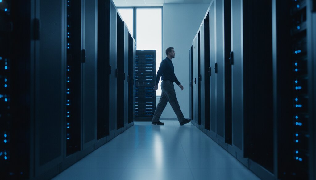 Technicus loopt langs serverracks in een bedrijfsdatacentrum