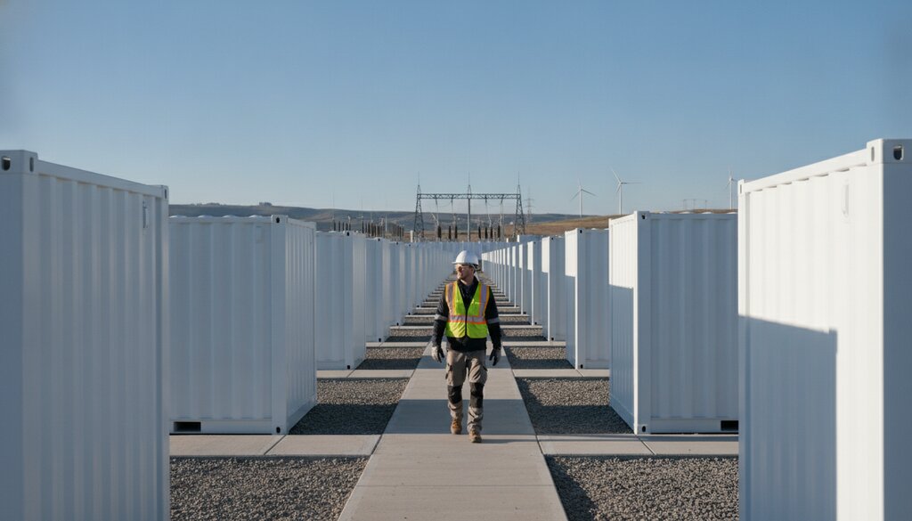 Technicus loopt tussen rijen witte batterijcontainers op een opslaglocatie