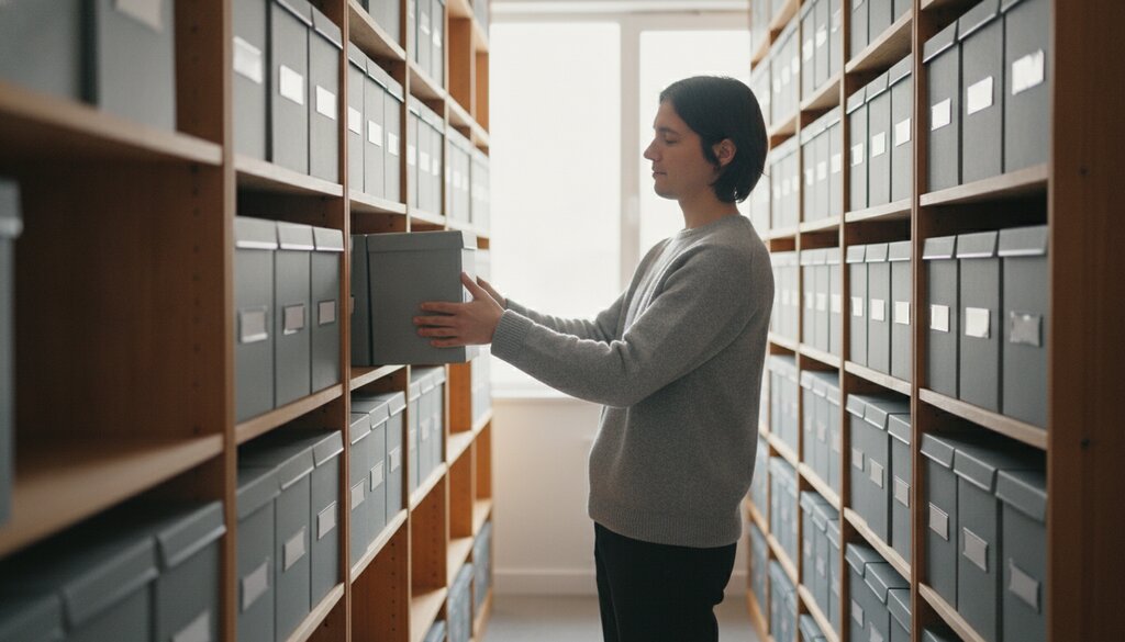 Medewerker pakt een archiefdoos uit een stellingkast vol bedrijfsdocumenten