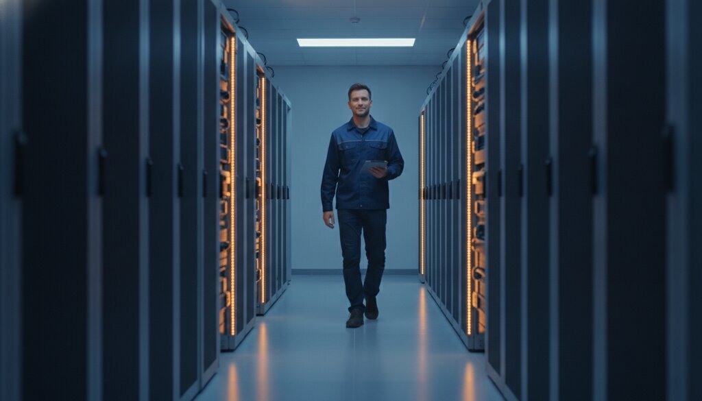 Technicus met tablet loopt door een serverhal van een clouddatacenter