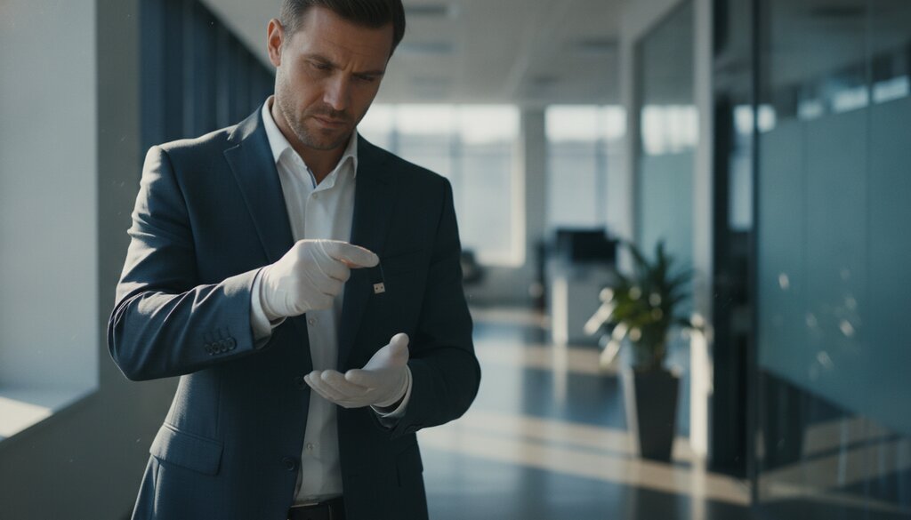 Beveiliger met handschoenen bekijkt een klein usb-apparaatje in een kantoorgang