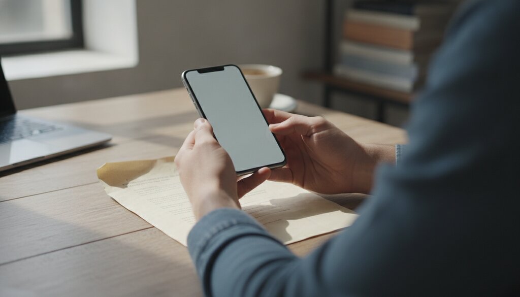 Handen fotograferen met een smartphone een papieren document op een houten tafel