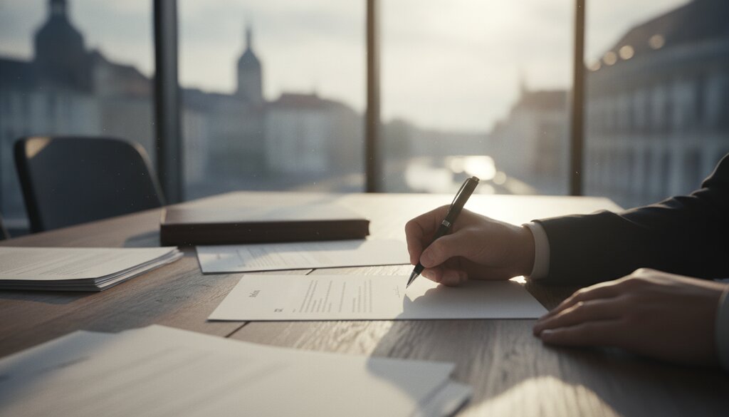 Persoon ondertekent beleidsdocument op kantoor