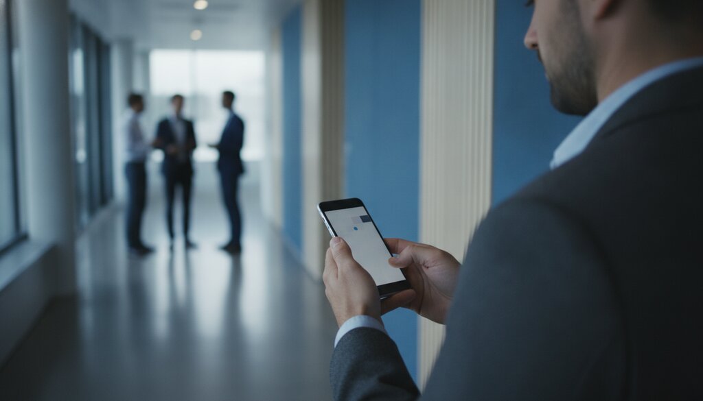 Close-up van iemand die een smartphone vasthoudt in een kantoorgang