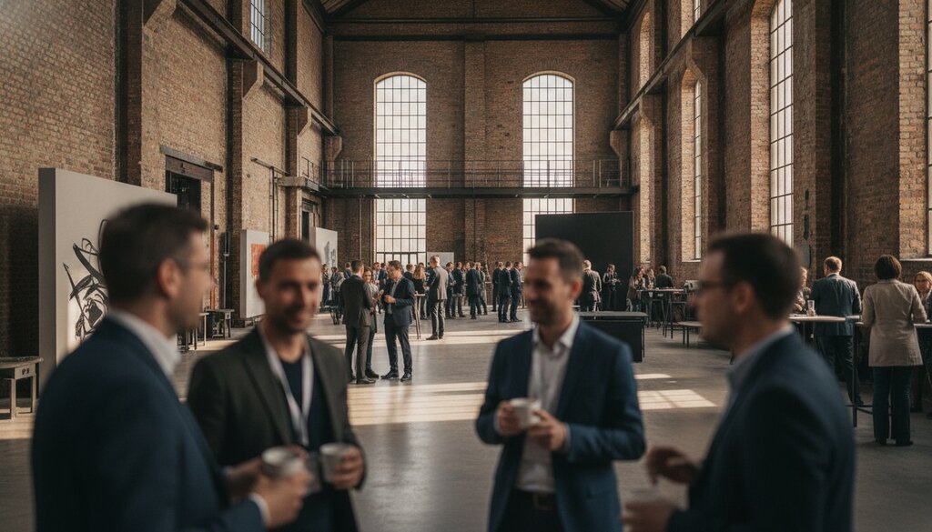 Investeerders in gesprek in een voormalige elektriciteitscentrale in Berlijn