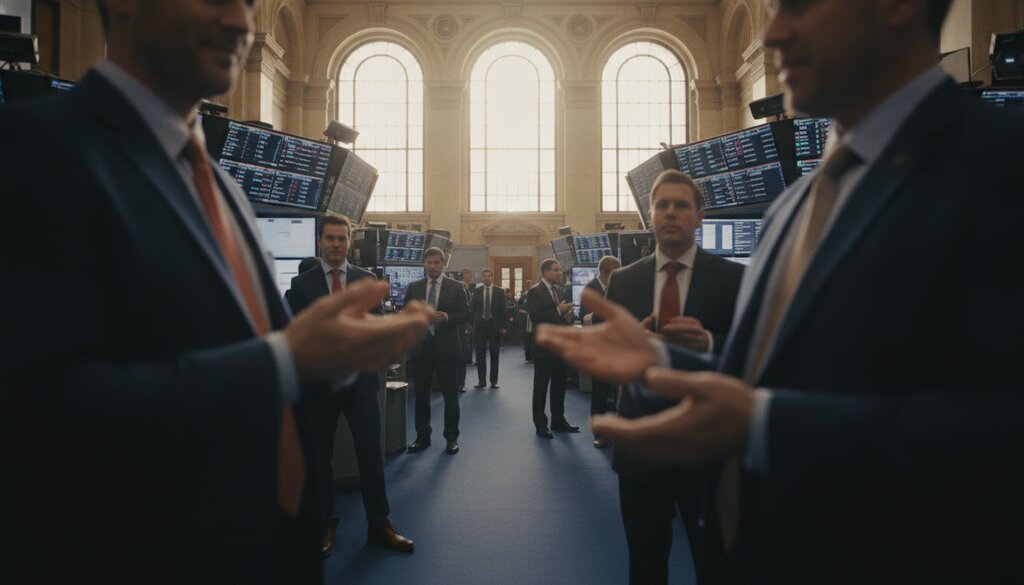 Handelaren op een beursvloer in een historisch beursgebouw