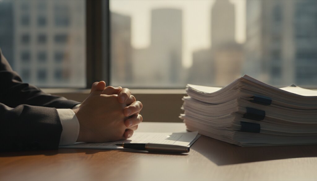 Handen van een handelaar op een bureau met documenten, skyline op de achtergrond