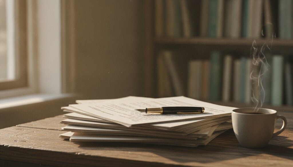 Stapel papieren documenten met vulpen op een bureau in ochtendlicht