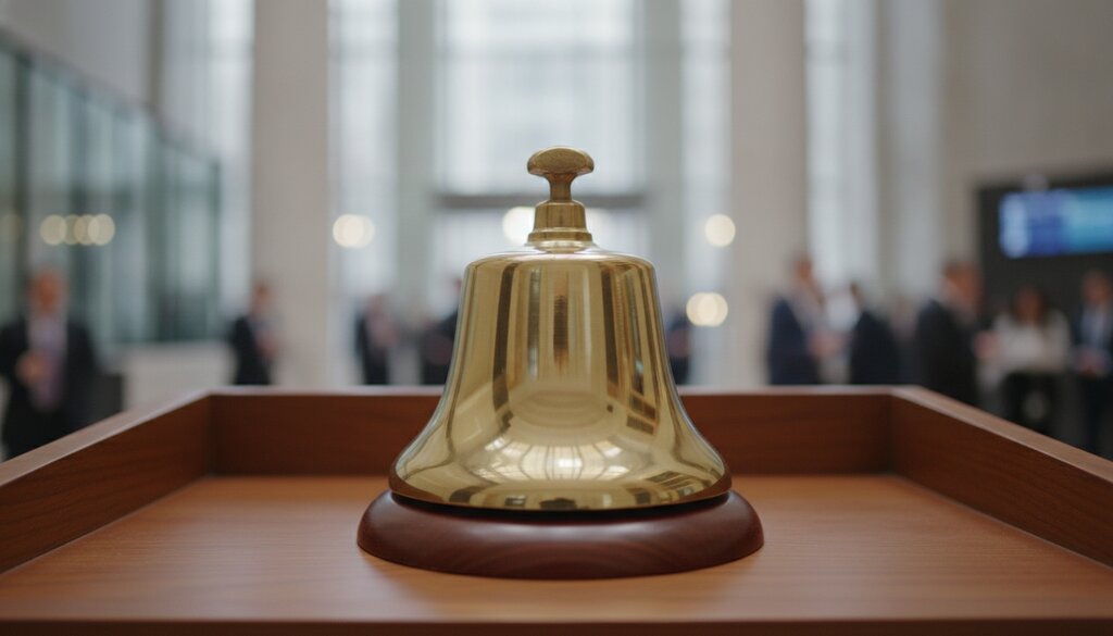Koperen beursbel op een houten podium in een lichte financiële hal