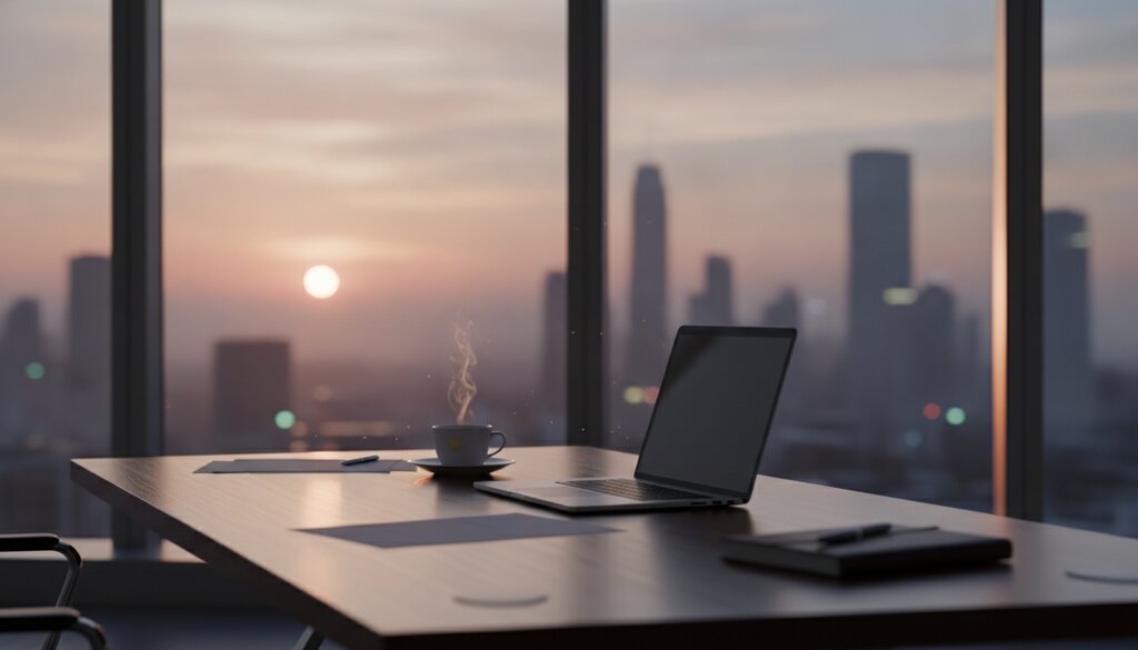 Bureau van een belegger met laptop en koffie bij een raam met uitzicht op de skyline