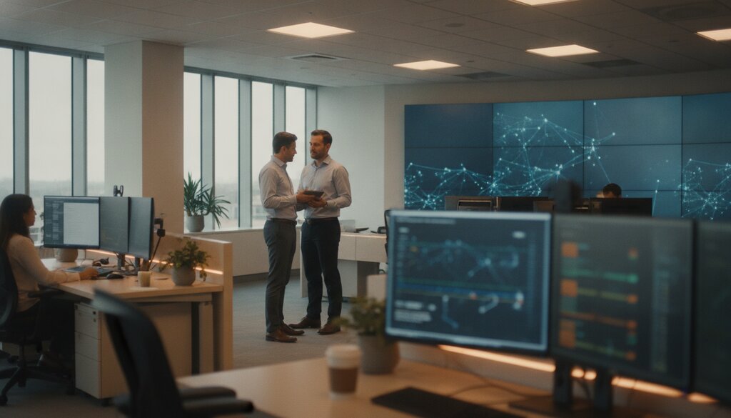 Beveiligingsanalisten overleggen in het monitoringcentrum van een financieel bedrijf