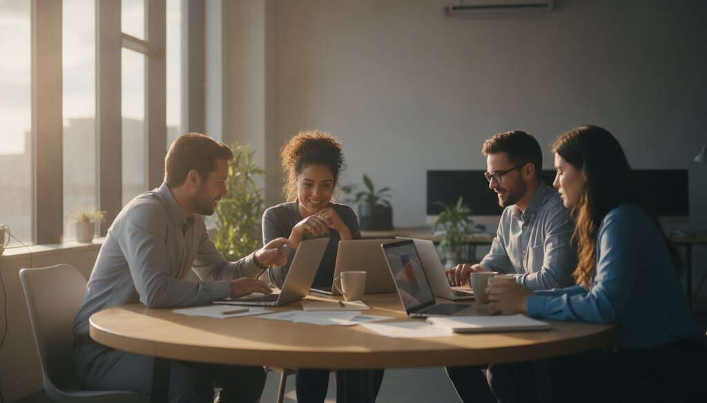 Team van cybersecurityanalisten overlegt met laptops aan tafel