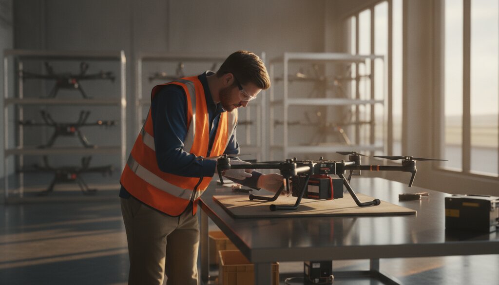 Technicus controleert de rotorarm van een bezorgdrone in een logistiek centrum
