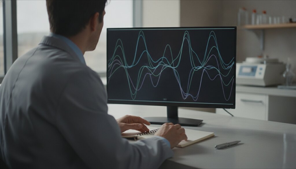Onderzoeker bekijkt golfvormen van biosignalen op een monitor in een lab