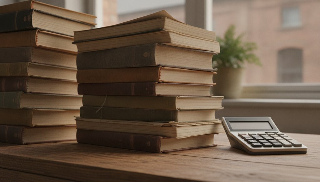 Papieren grootboeken en een rekenmachine op een houten tafel