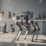 Vierpotige robot in een robotlab met engineers op de achtergrond