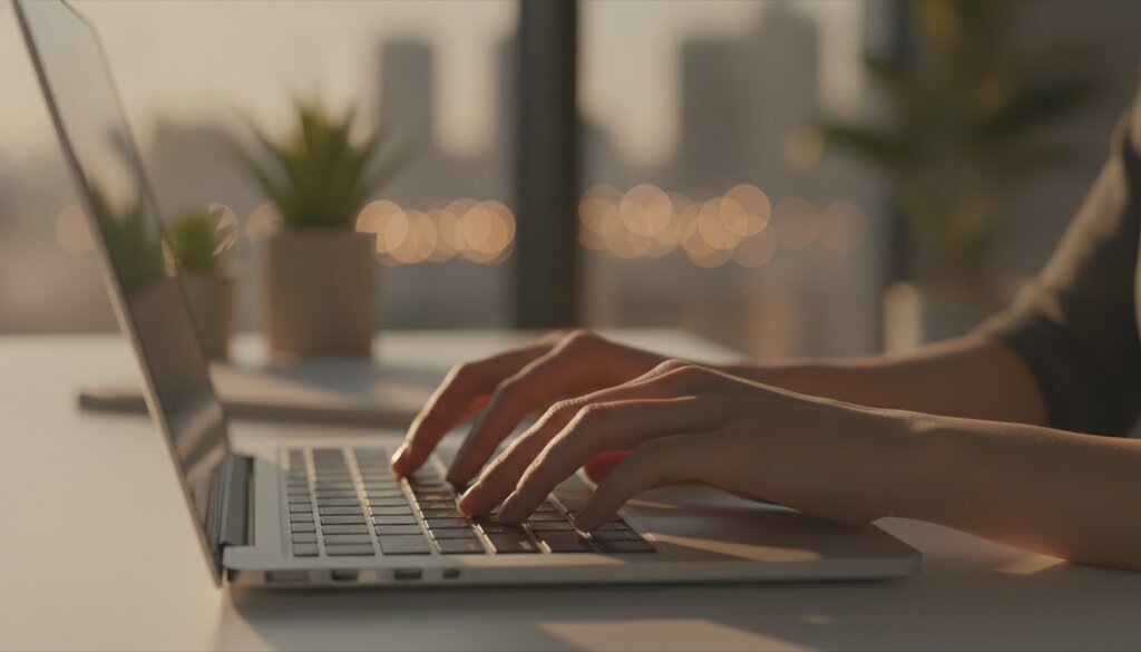 Handen typen op een laptop in een kantoor bij avondlicht