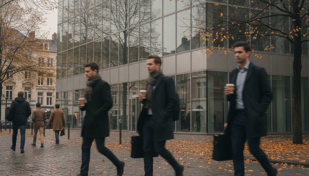 Glazen overheidsgebouw in Brussel op een rustige herfstochtend