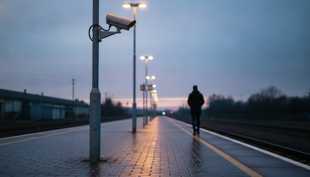 Camera op een paal boven een leeg treinperron in de schemering