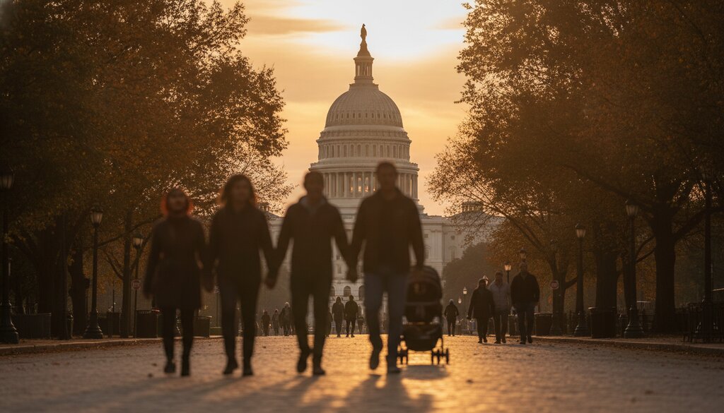 Het Capitool in Washington bij zonsondergang met voorbijgangers