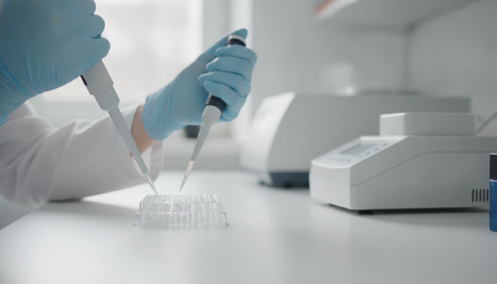 Handen met handschoenen pipetteren monsters in een plaat in een laboratorium