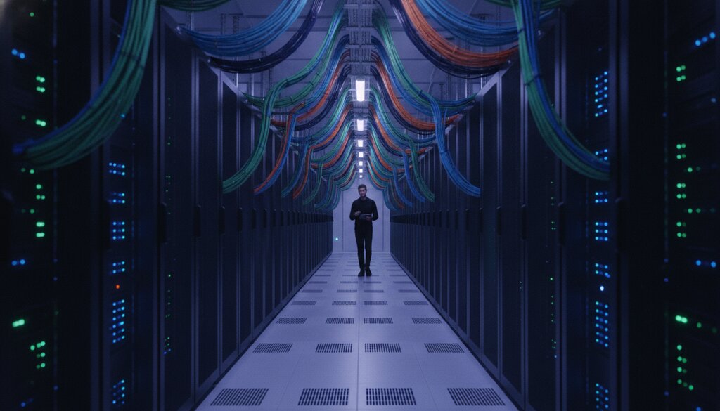 Gang met serverracks in een modern datacenter