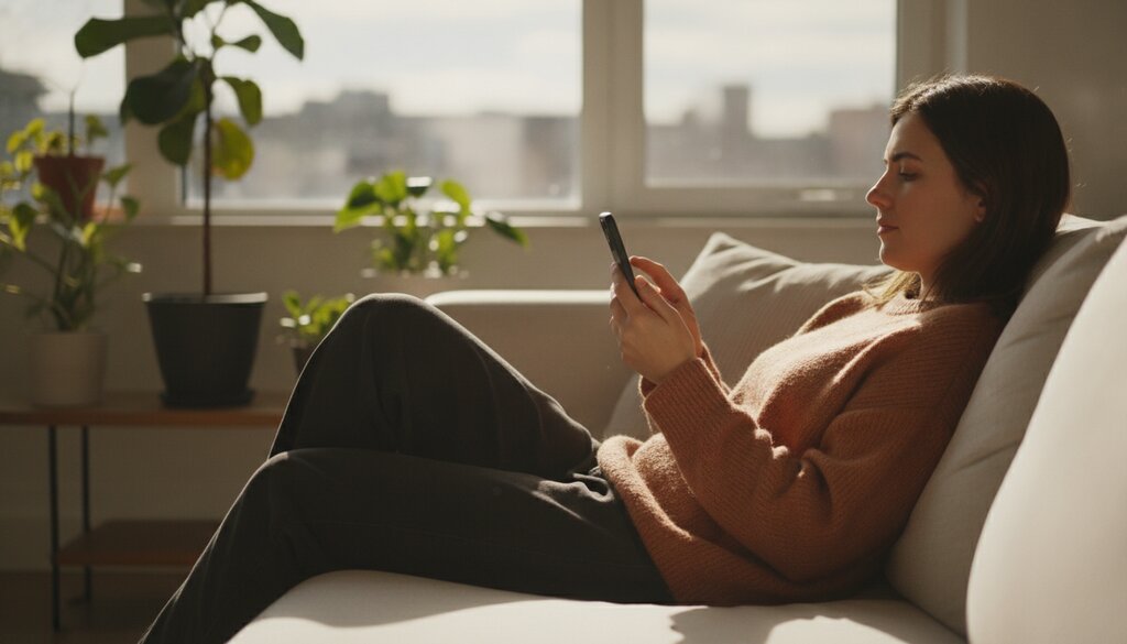 Iemand scrolt op een smartphone op de bank bij daglicht