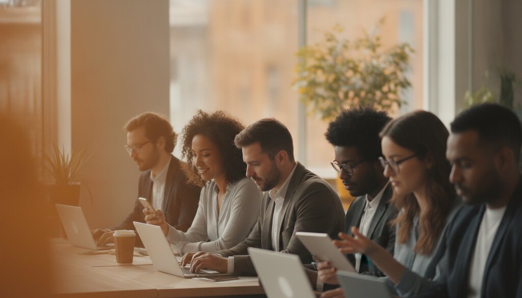 Groep jonge professionals kijkt op hun telefoon in een moderne werkruimte