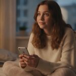 Tiener zit 's avonds op bed met een smartphone in de hand